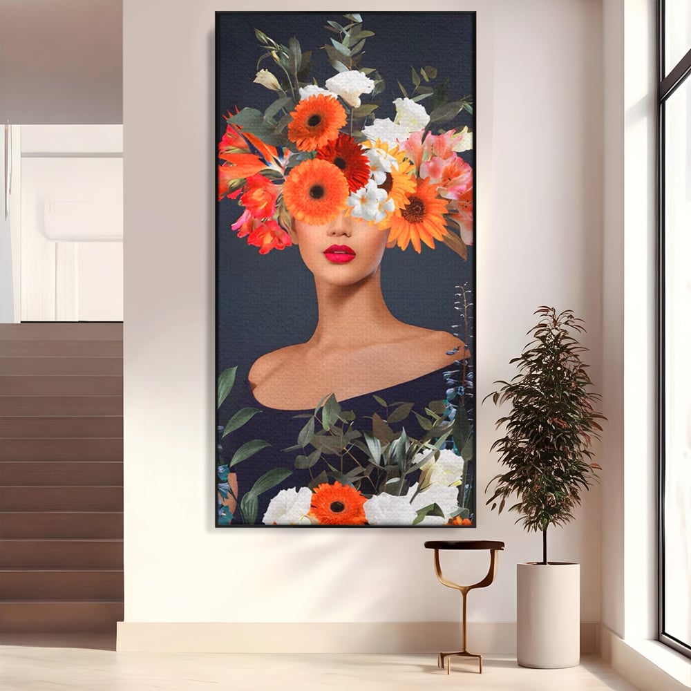 Tablou canvas cu tablou portret femeie cu flori, in rama de aluminiu negru